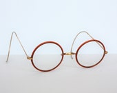 Antique Vintage Eyewear Eyeglasses Round Light Brown Tortoise Celluloid Rim Gold Frame Optometry John Lennon Hippie Style Steampunk Costume