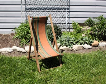 Vintage Child's Wood Striped Canvas Folding Sling Reclining Beach Deck Patio Chair Mid Century Modern