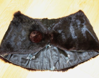 Vintage Black Rabbit Capelet Stole Wrap Shrug Collar Genuine Fur Pelt Cropped Fur Button Closure Winter Bridal Accessory Hollywood Glamour