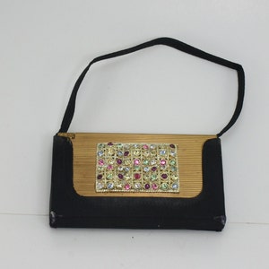 Vintage Volupte Compact Purse Makeup Cigarette Case Coin Metal Clutch Evening Bag Black Gold Colored Rhinestones