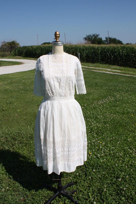 Antique Vintage Victorian Edwardian White Cotton Multi Style Insertion Lace Dress & Matching Slip Wedding Bridal Lawn Garden Party Dress