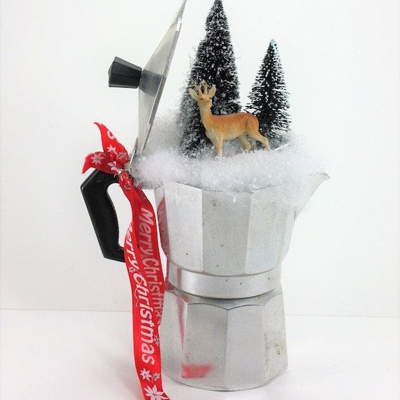 Christmas Holiday Winter Decor Floral Arrangement Vintage Italian Coffee Espresso Pot Holiday Kitchen Decor Handcrafted Handmade OOAK