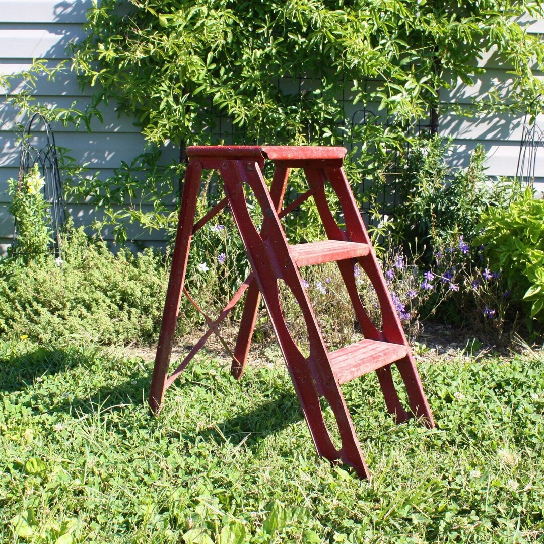 Vintage Metal Folding Step Stool Ladder Plant Stand Small 3-step Red ...