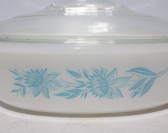 Vintage Glasbake Casserole Baking Dish With Lid Blue Thistle Floral Pattern Mid Century Retro Kitchen Decor