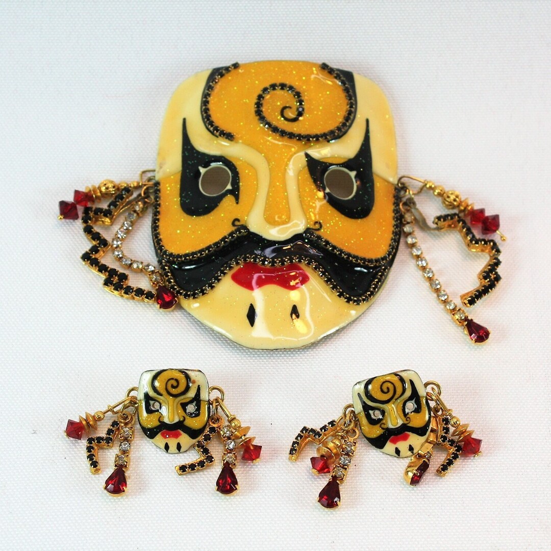 Lunch at the Ritz Earrings Yellow Jing Mask Earrings & Pin Brooch Set Glitzy Designer Statement