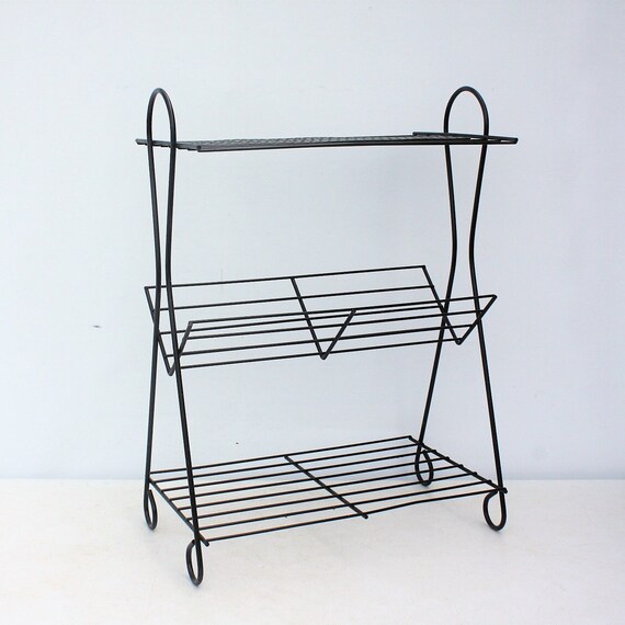 Vintage Mid Century Black Metal Wire Perforated Square Mesh Shelf
