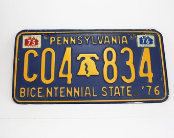 Vintage Bicentennial 1976 Pennsylvania State Car PA License Plate Registration Tag Classic Car Parts Restoration Automobilia Blue Yellow