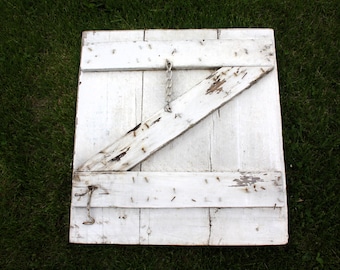 Vintage White Wooden Barn Cupboard Door & Large Hinges Hardware Architectural Salvage Primitive Distressed Weathered Rustic Barn Farmhouse