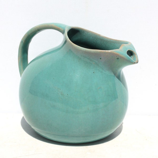 Vintage Tilt Ball Pitcher Jug Beverage Server Ceramic Pottery Light Aqua Teal Ice Lip Summer Entertaining Mid Century Farmhouse Table Decor