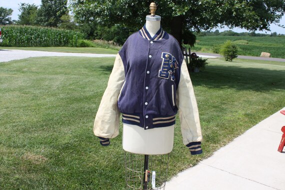 Vintage Letterman Varsity Jock Jacket Wool Leather Blue Tan '60s