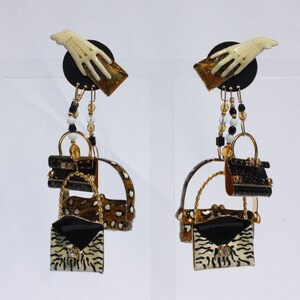 Almuerzo en el Ritz Pendientes Bolsos colgantes Monederos Accesorios para carteras Estampados de animales Declaración del diseñador firmada a mano Clip-On LATR
