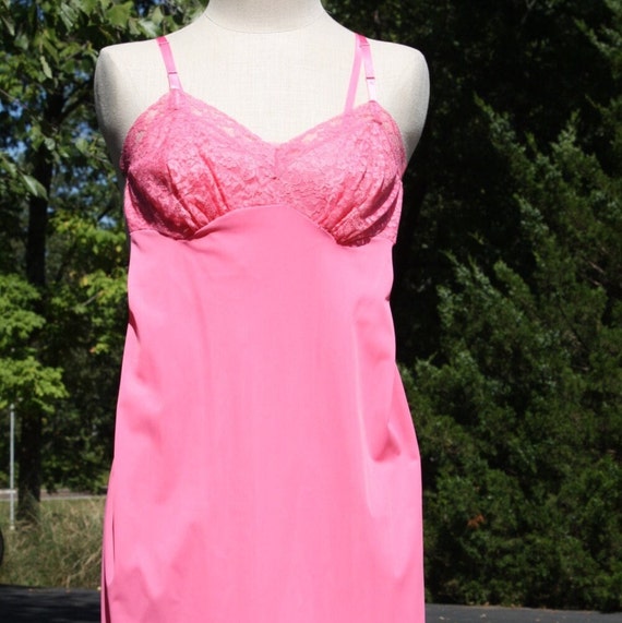 Vintage Full Slip Nylon Pink Hot Pink With Lace L… - image 1