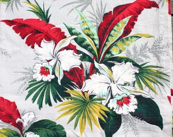 Vintage Barkcloth Curtain Drapery Panels Gray Red Burgundy Chartreuse & Green Hues Orchids Floral Cottage Tropical Decor 2 Panels 40" x 83"