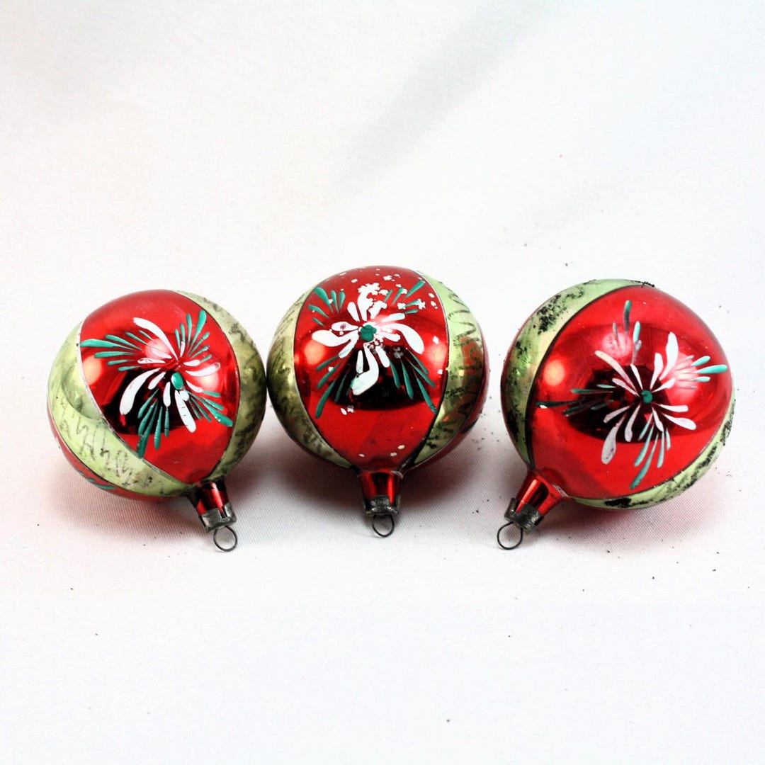 Vintage Mercury Glass Christmas Ornaments Round Red Gold Mica Glitter ...