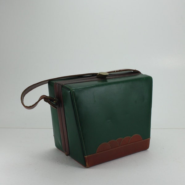 RESERVED FOR IRA - Vintage Leather Handbag Purse Green Tan Box Style 50s 60s