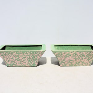 Vintage McCoy Pottery Planter Pot Jardiniere Ceramic Green Pink Splatter Glaze Rectangular Brocade Mid Century