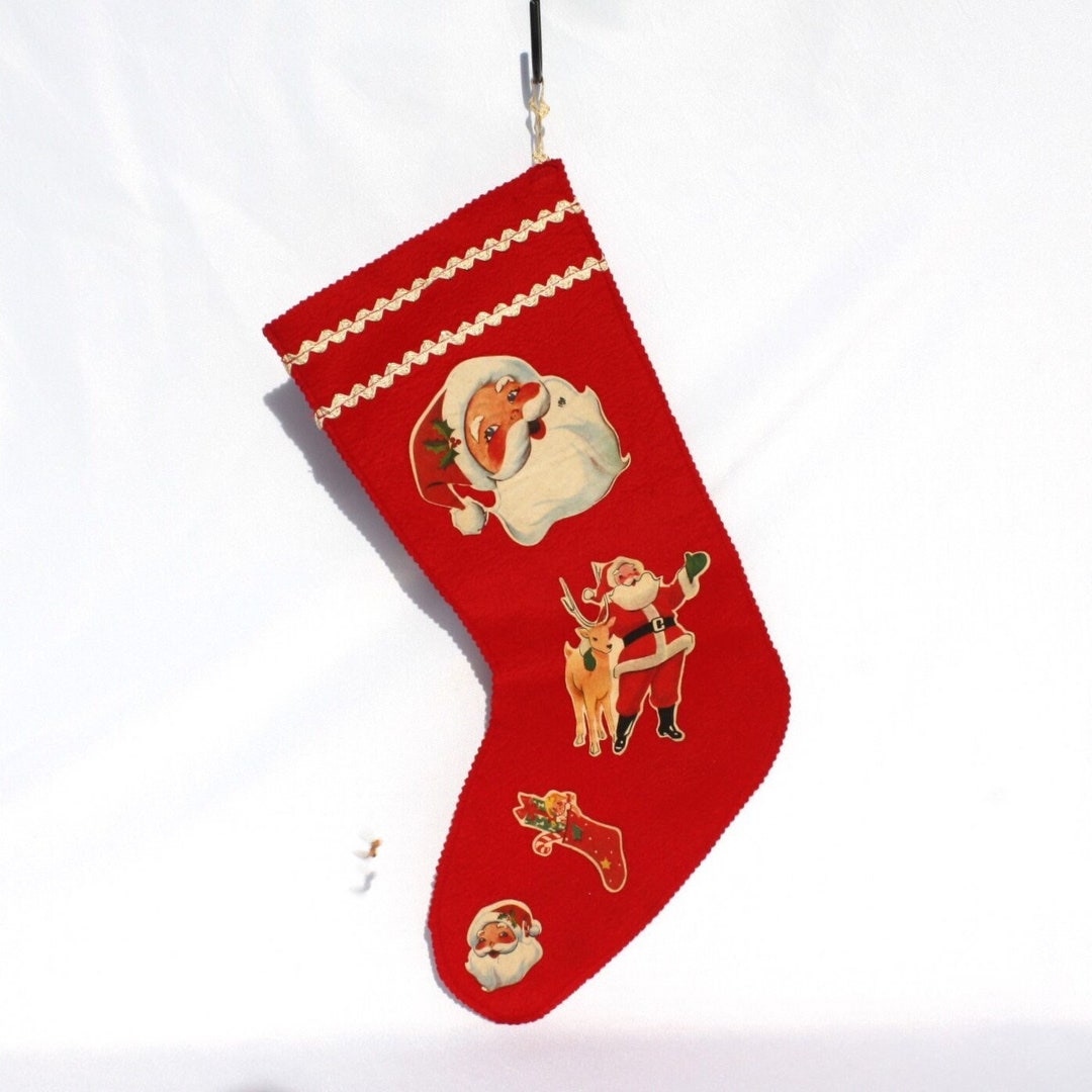 Vintage Christmas Stocking Red Felt Santa Claus Reindeer Iron Etsy