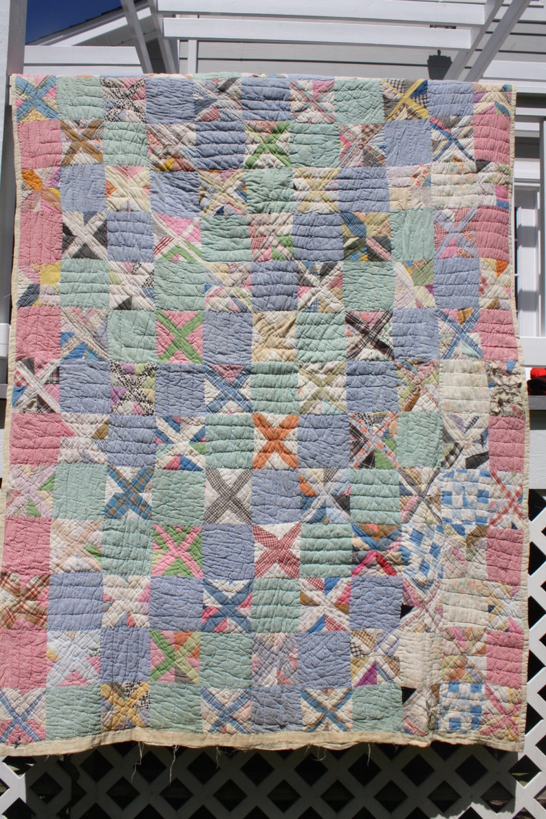 Vintage Hand Quilted Handmade Quilt Patchwork Quilt Cross Pattern Farmhouse Decor Cottage Chic Rustic Primitive 2