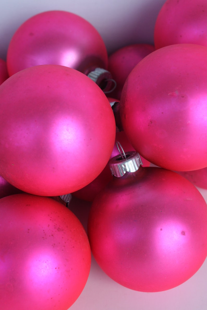Vintage Christmas Ornaments Mercury Glass Pink Hot Pink Bright Pink Frosted Shiny Brite Original Box Shabby Cottage Christmas Holiday Decor