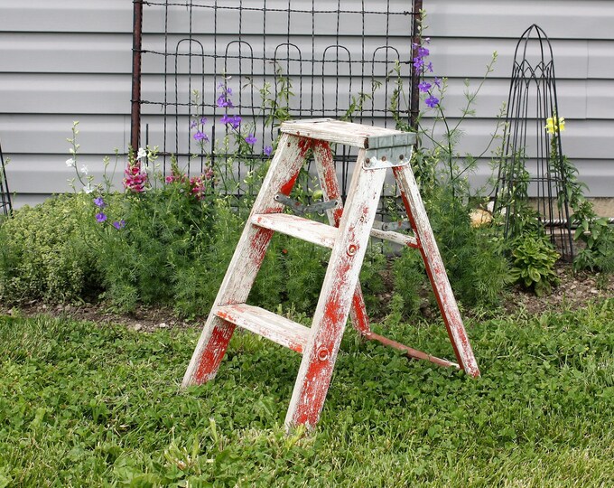 Vintage Wood Wooden Folding Step Stool Step Ladder Small 3-step Plant ...