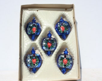 Vintage Plastic Christmas Ornaments Jewel Brite Toy Soldier Diorama Blue Unbreakable Mid Century Modern Christmas Holiday Tree Trimming