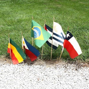 May include: A collection of small flags representing different countries, planted in the ground. The flags include Brazil, Chile, and the Philippines, among others. The flags are on wooden poles and are set against a backdrop of green grass and small white stones.