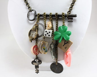 Handcrafted Charm Necklace Vintage Skeleton Key Child's Charms Trinkets Toys Novelty Kitschy Steampunk Handmade Jewelry