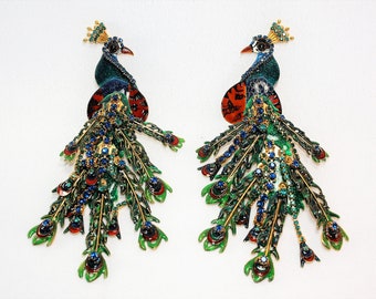 Lunch At The Ritz Earrings PEACOUTURE Peacock Bird Figural Articulated Aqua Blue Green Glitzy Designer Statement Collectible LATR Clip-On