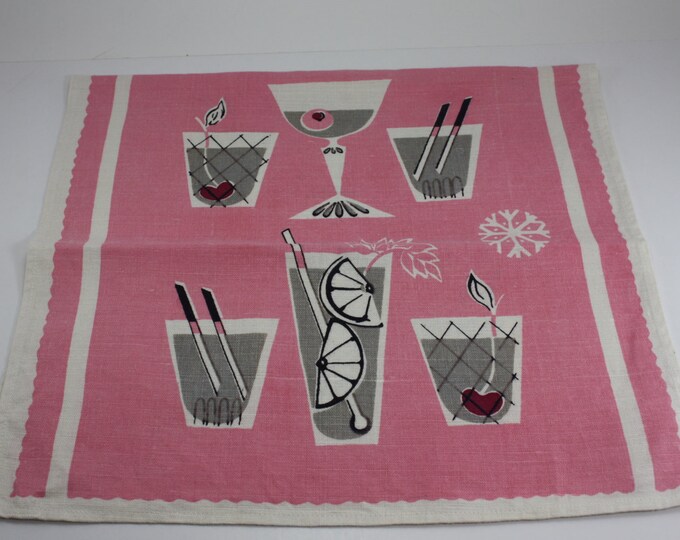 Vintage Hand Tea Towel Mid Century Gray Pink Cocktails Cotton Etsy