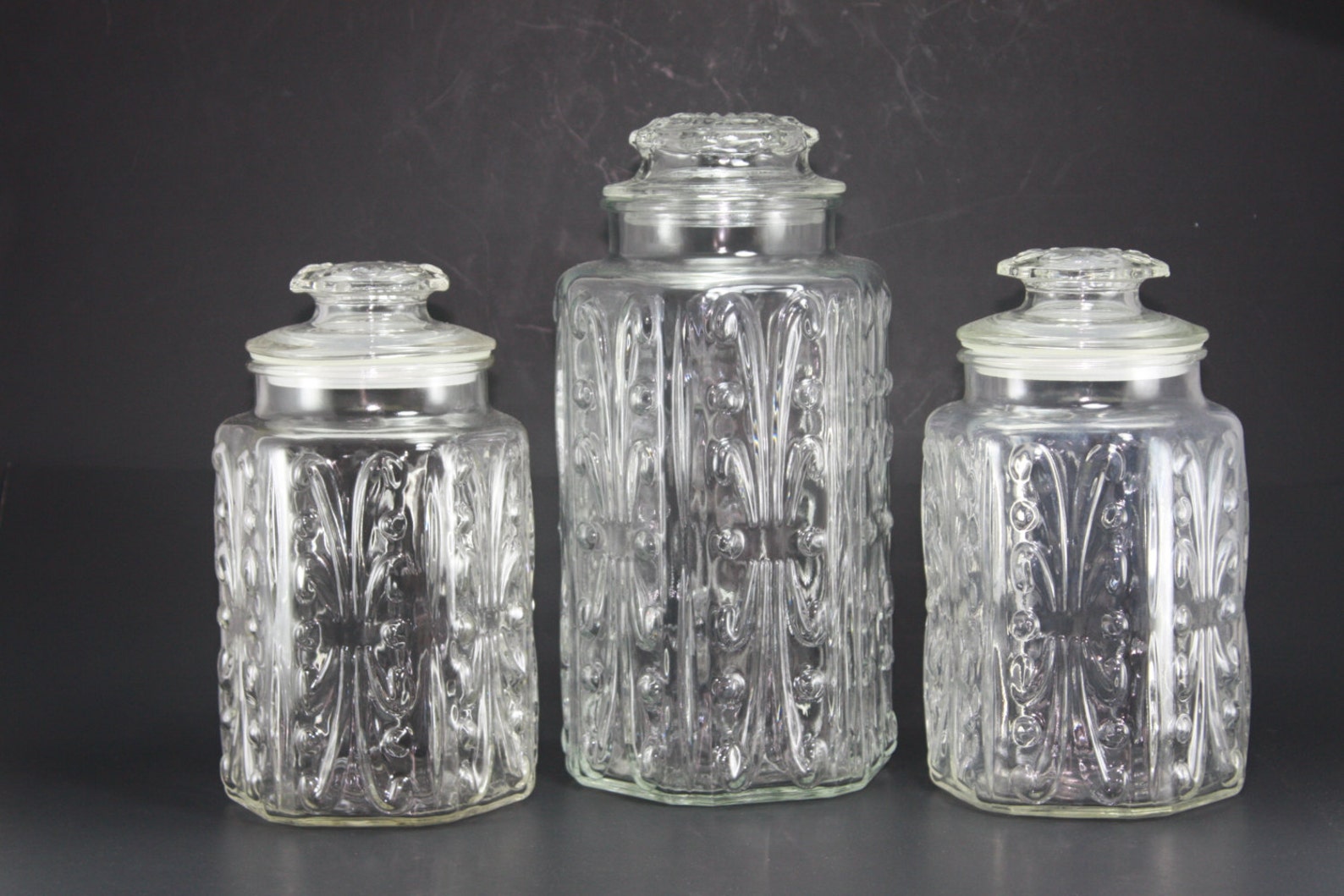 Vintage Clear Glass Canister Decorative Embossed Jars Set of Etsy