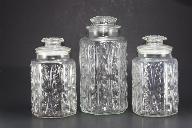 Vintage Clear Glass Canister Decorative Embossed Jars Set of Etsy