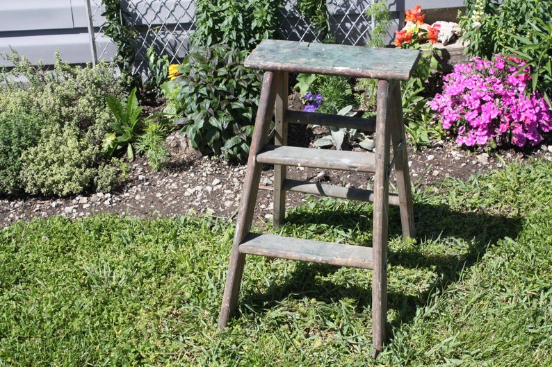 Vintage Wood Wooden Step Stool Step Ladder Folding Small 3-step Plant ...