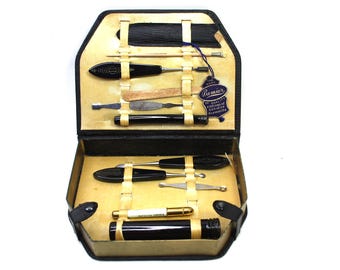 Vintage Manicure Nail Care Travel Set In Case Black Premier Permalite Dresser Vanity Bathroom Dressing Table Grooming Toiletries Accessories