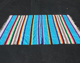 Vintage Mexican Serape Blanket Throw Tablecloth Wall Decor Bright Colorful Turquoise Striped Saltillo Mexican Souvenir Southwest Ranch Boho