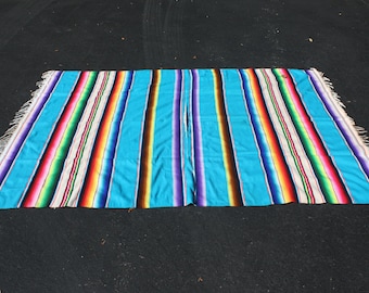 Vintage Mexican Serape Blanket Throw Tablecloth Wall Decor Bright Colorful Turquoise Striped Saltillo Mexican Souvenir Southwest Ranch Boho