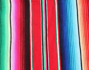 Vintage Mexican Serape Blanket Throw Tablecloth Wall Decor Bright Colorful Turquoise Striped Saltillo Mexican Souvenir Southwest Ranch Boho