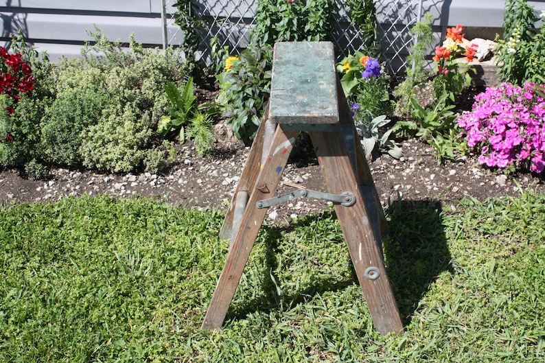 Vintage Wood Wooden Step Stool Step Ladder Folding Small 3-step Plant ...
