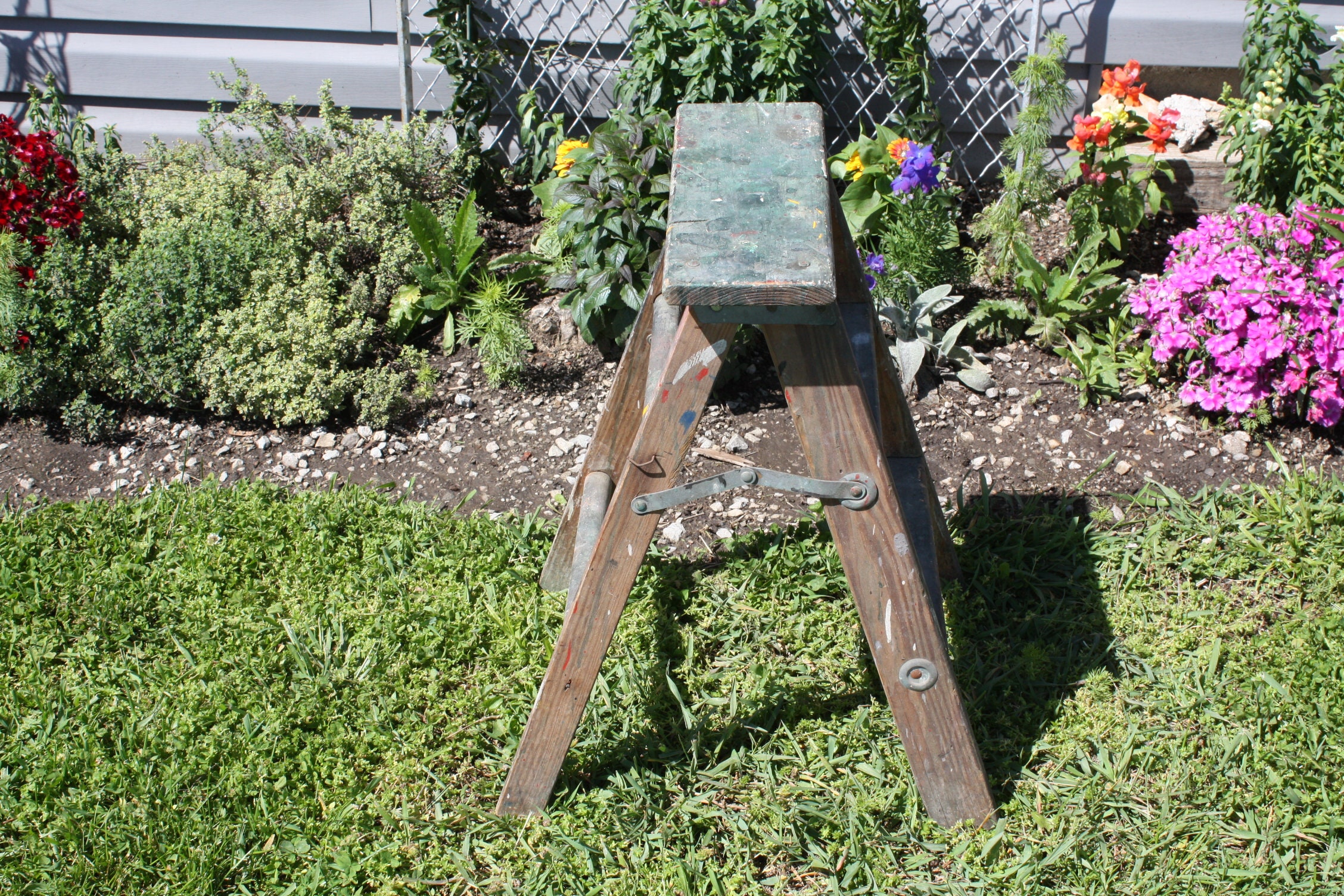 Vintage Wood Wooden Step Stool Step Ladder Folding Small 3-step Plant ...