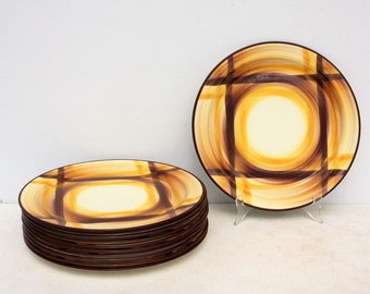 Vintage Dinner Plates 10 1/2" Ceramic Metlox Pottery "Organdie" Pattern Yellow Gold Brown Plaid Serving Pieces Autumn Fall Thanksgiving MCM
