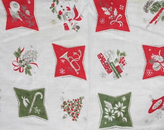 Vintage Christmas Tablecloth Holiday Motifs Party Table Decor Linens Atomic Mid Century Kitschy 78" x 57"