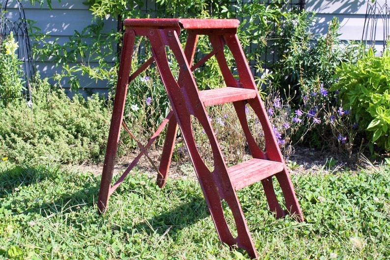 Vintage Metal Folding Step Stool Ladder Plant Stand Small 3-step Red ...