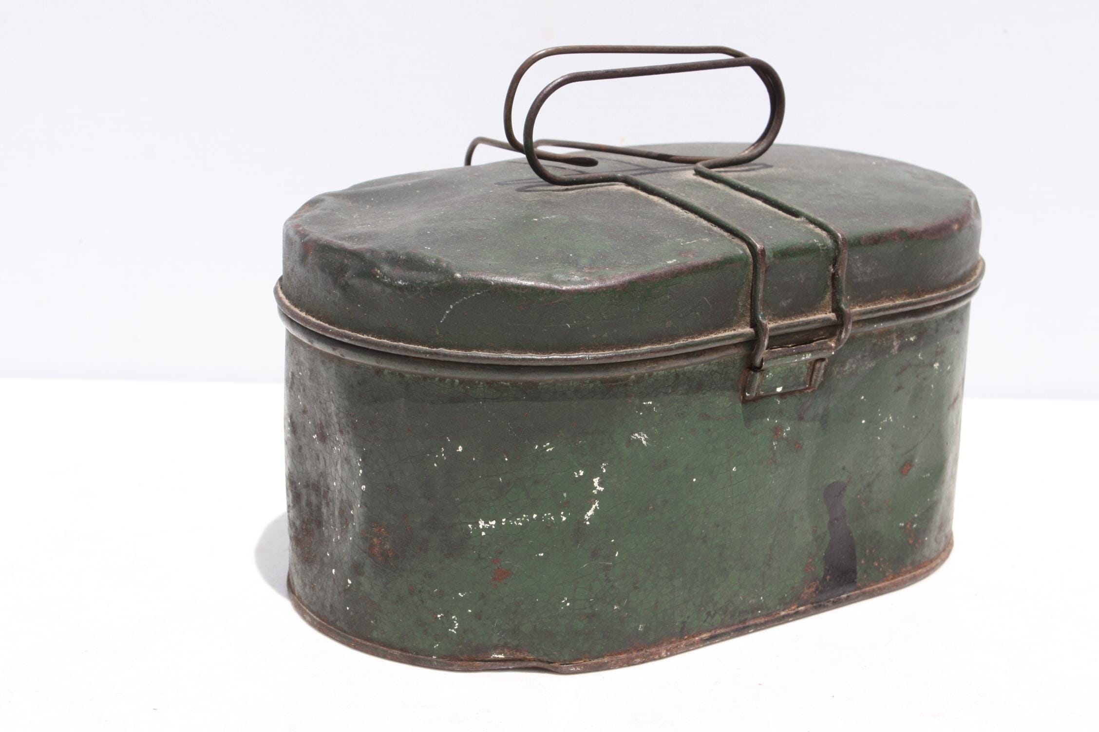Vintage Metal Oval Handy Lunchbox Lunch Pail Green With Handles