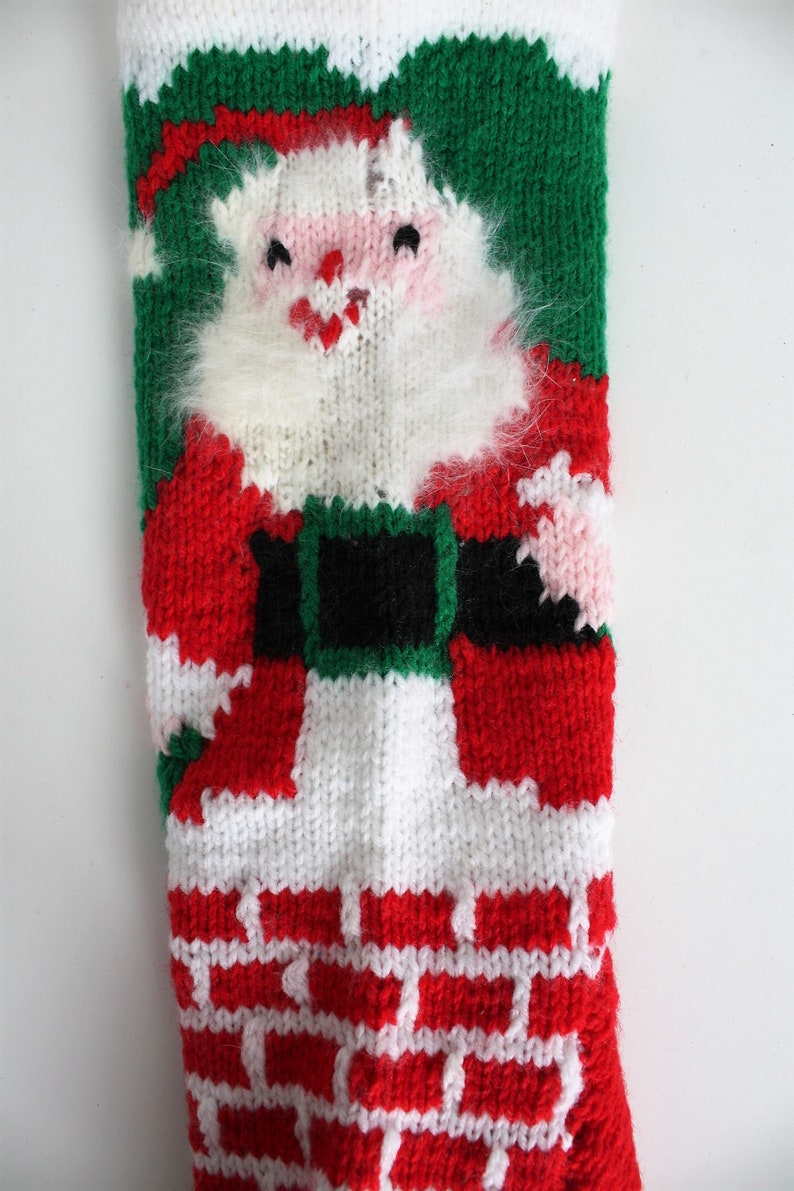 Vintage Christmas Stocking Hand Knit Hand Made Hand Crafted Lined Santa Claus In Chimney Christmas Holiday Tree Fireplace Mantle Decor