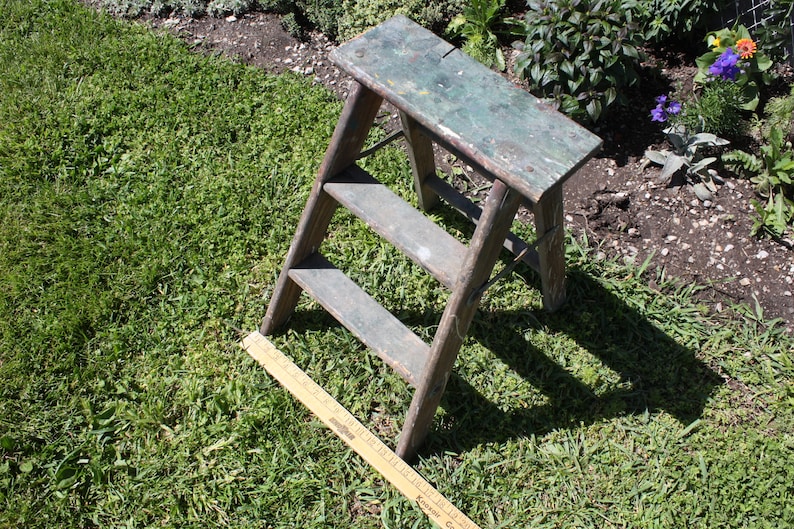 Vintage Wood Wooden Step Stool Step Ladder Folding Small 3-step Plant ...
