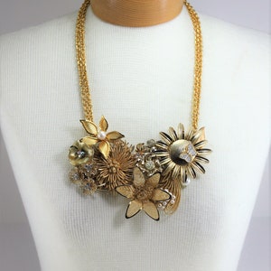 Vintage Gold Flowers Floral Pearls Rhinestone Metal Assemblage Statement Bib Necklace Handcrafted OOAK