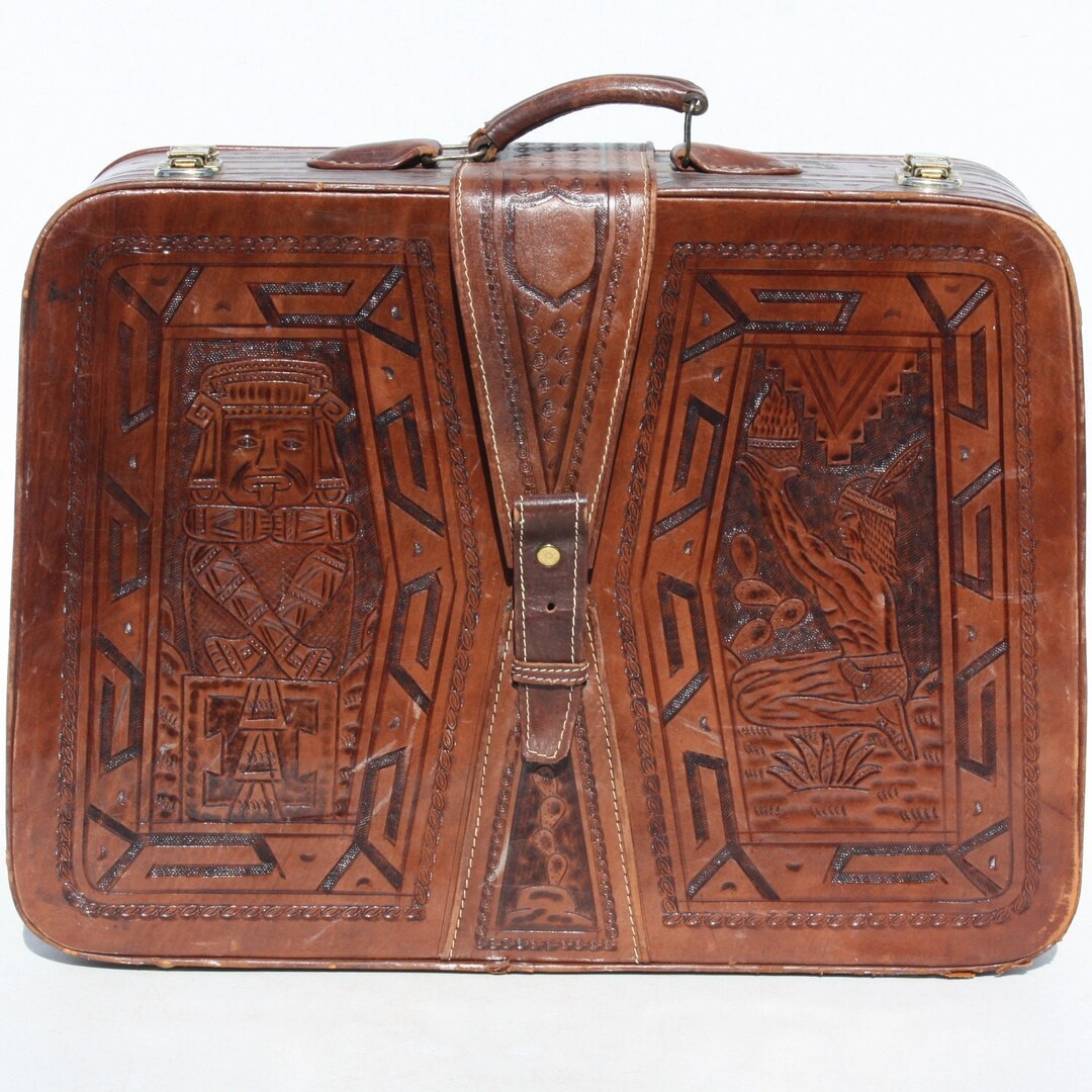 Vintage Luggage Suitcase Travel Bag Mexican Hand Tool Leather & Tag