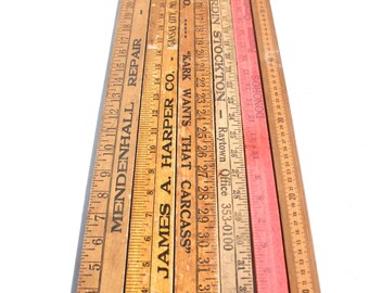 Vintage Wood Ruler Yardstick Lot Assortment Advertising Giveaways Garden Farmhouse Barn Garage Industrial Art Craft Supply Decor 6 Pcs