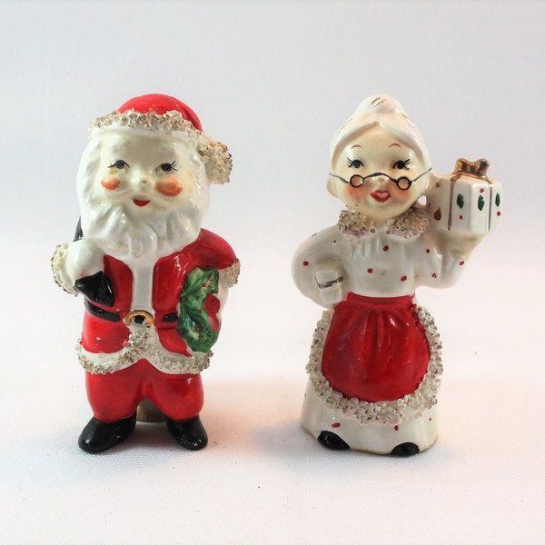Vintage Santa Claus St. Nick Kris Kringle & Mrs. Claus Candle Holders Commodore Porcelain Figurine Spaghetti Trim Japan Christmas Holiday