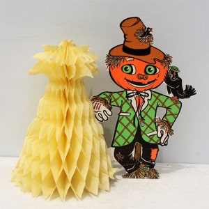 Vintage Beistle Pumpkin Head Scarecrow Honeycomb Corn Shock Halloween Fall Paper Die Cut Halloween Party Table Decor Paper Ephemera