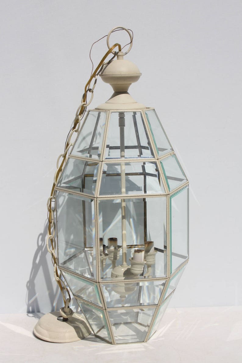 Vintage Brass and Glass Hexagonal Lantern Chandelier Vintage Brass and Glass Hexagonal Lantern Chandelier